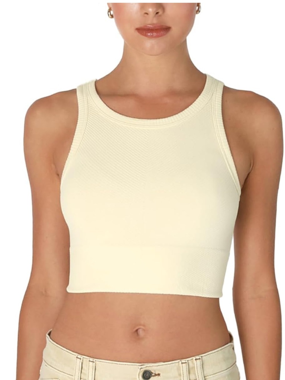 NIKIBIKI Women Seamless Chevron High Neck Crop Top, Made in U.S.A, BUTTERCREAM